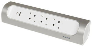Legrand Ecksteckdosenleiste 3-fach 45° USB-A/USB-C Wand-/Tischmontage ohne Kabel ultraweiß/aluminium (694504)