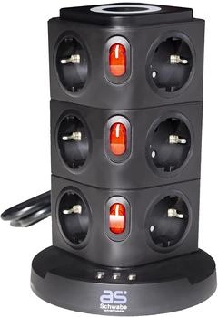 AS Schwabe Steckdosenturm 12-fach mit QI-Wireless Ladestation, USB-Buchsen, 2m Kabel, schwarz (18222)
