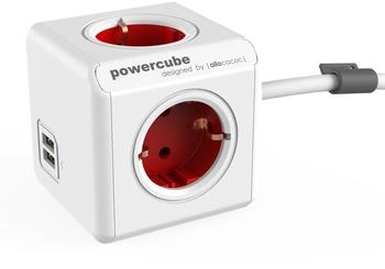 Allocacoc PowerCube Extended USB Steckdosenverteiler mit 4 Kontakten und 2 USB-A 1,5m Kabel Rot/Wei&szlig; (1402RD/DEEUPC)