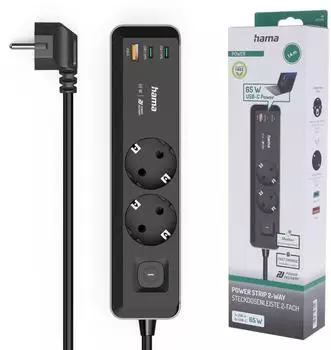 Hama Steckdosenleiste 2-fach USB-C/A 65W PD Schalter 1,4m Schwarz/Grau (00223193)