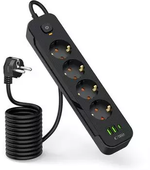 Tech-Protect PCL4X3 Steckdosenleiste 4-fach 240V, 2x USB-A, 1x USB-C, 200cm, Schwarz (PCL4X3)