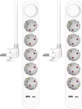 Elro Steckdosenleiste 5-fach mit USB und Schalter, 2er-Set