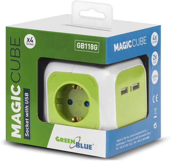 GreenBlue MagicCube 4-Fach Steckdosenwürfel mit 2 USB-Anschlüsse, 1,4m (GB118G)