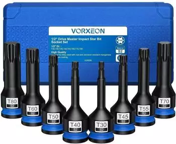 LuxusKollektion Torx Bit Steckschlüssel-Satz 1/2" T30-T80 S2-Stahl 8-tlg. mit Aufbewahrungsbox