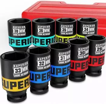 LuxusKollektion Schlagschrauber-Nuss-Satz 9-tlg. 1/2 Zoll, 29-38mm, Chrom-Molybdän-Stahl, farbkodiert