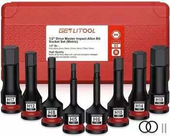 LuxusKollektion Innensechskant-Schlagschrauber-Nüsse-Satz 8-tlg. S2-Stahl 5-19mm 1/2" (HX 5-19mm)