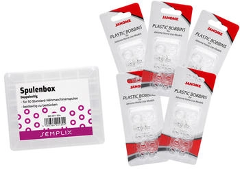 Semplix Spulenbox mit 50 original Janome Spulen (CB-Greifer und Drop in/ 20,5 x 11,5 mm)
