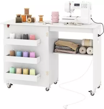 Costway 2 in 1 Nähtisch klappbar mit Ladestation Regalen & abschließbaren Rädern Nähmaschinentisch Nähschrank Basteltisch Holz Weiß