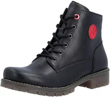 Rieker Lace-up Ankle Boot with Logo Embossing, Profiled Sole and Block Heel schwarz