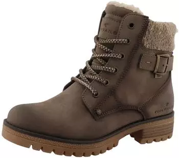 Tom Tailor Winter Ankle Boot Block Heel, Lace-Up Boots with Fashionable Knit Collar taupe used