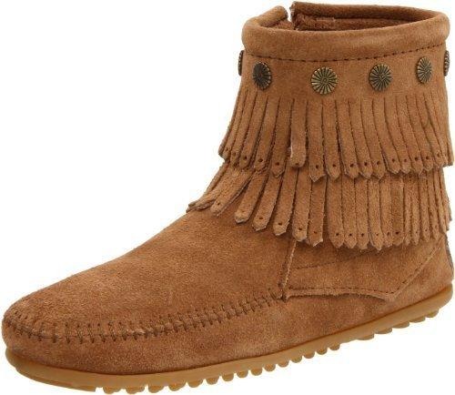 Minnetonka Double Fringe Side Zip Boot taupe brown