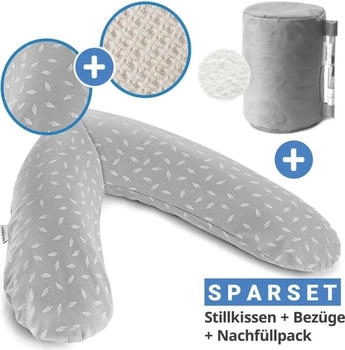 Theraline 4-tlg. Stillkissen Sparset Das Original 190 cm inkl. 2 Bezügen + Mikroperlen-Nachfüllpack 9,5 l Leaves & Feinstrick Creme
