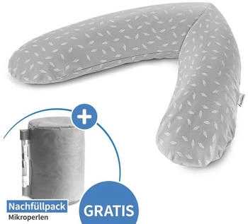 Theraline Stillkissen Das Original 190 cm + Gratis Mikroperlen-Nachfüllpack 9,5 Liter Leaves Grau