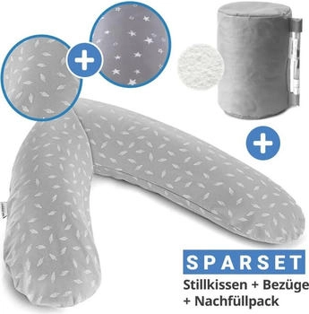 Theraline 4-tlg. Stillkissen Sparset Das Original 190 cm inkl. 2 Bezügen + Mikroperlen-Nachfüllpack 9,5 l Leaves & Sternenhimmel