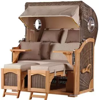 bene living Ammersee 2-Sitzer Strandkorb-Set Teak PE Grau Bullauge (Modell 510)