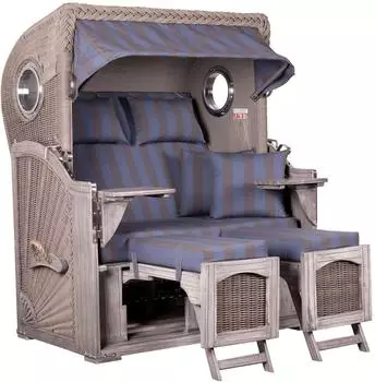 Mr. Deko Strandkorb D&uuml;ne Bullauge Mahagoni Washed Grey PE Koboo Grey Dessin 582