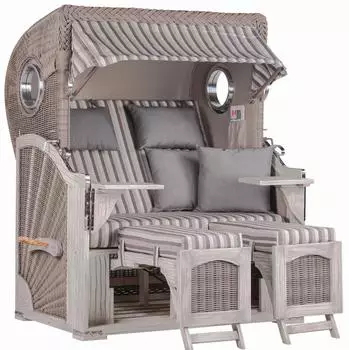Mr. Deko Strandkorb D&uuml;ne Bullauge Mahagoni Washed Grey PE Koboo Grey Dessin 545