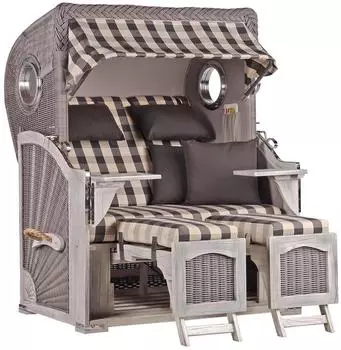 Mr. Deko Strandkorb D&uuml;ne Bullauge Mahagoni Washed Grey PE Koboo Grey Dessin 505