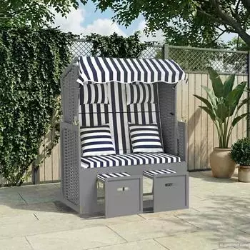 vidaXL Strandkorb mit Kissen Poly-Rattan & Massivholz, blau/weiß