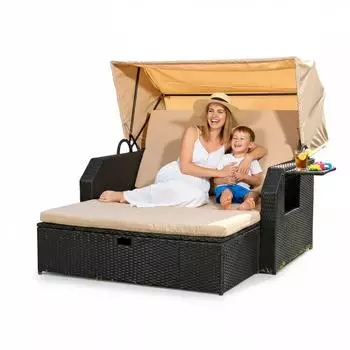 Mucola Strandkorb-Sonnenliege Polyrattan mit Dach, schwarz (50003209)