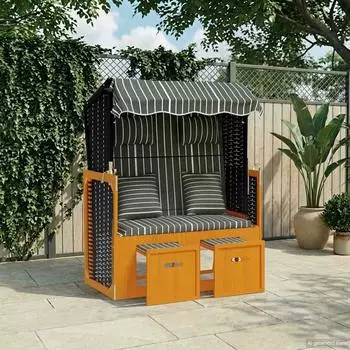 vidaXL Strandkorb mit Kissen, Polyrattan & Massivholz, schwarz & grau (318666)