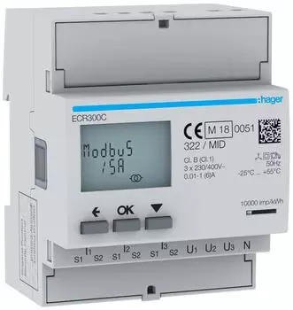 Hager Energiez&auml;hler 3phasig f&uuml;r Wandler 1A o. 5A,4M ECR300C