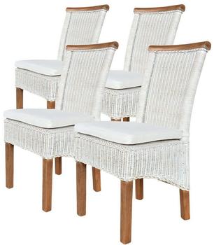 Casamia Esszimmer-Stühle Set Rattanstühle Perth 4 Stück weiß Sitzkissen Leinen weiß mit Sitzkissen