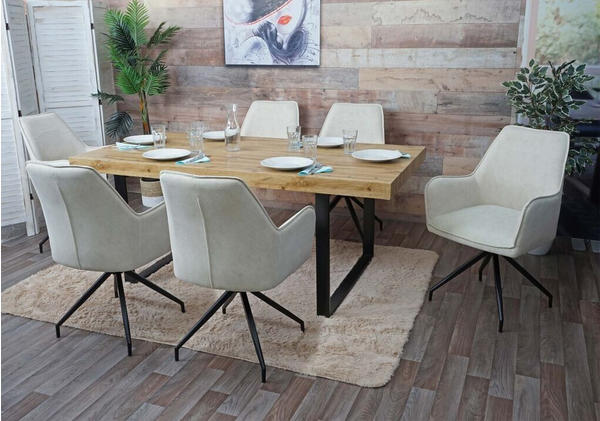 Mendler 6er-Set Esszimmerstuhl MCW-K15, Küchenstuhl Polsterstuhl Stuhl mit Armlehne, Stoff/Textil Metall creme-beige
