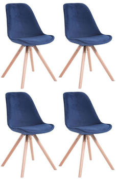 CLP 4er Set Stühle Toulouse Samt Rund mit Sitzpolster und runden Holzbeinen blau, Gestell natura