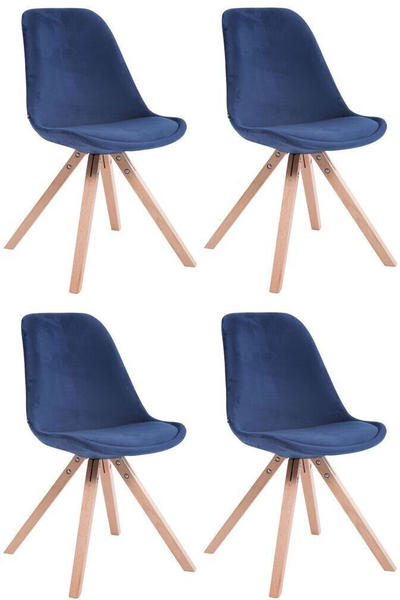 CLP 4er Set Stühle Toulouse Samt Square mit Sitzpolster und eckigen Holzbeinen blau, Gestell natura