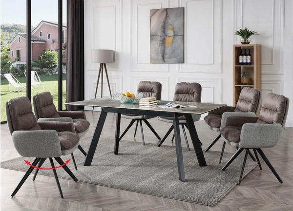 Mendler 6er-Set Esszimmerstuhl HWC-G66, Küchenstuhl Stuhl, drehbar Auto-Position Stoff/Textil hellgrau-grau, mit Armlehne