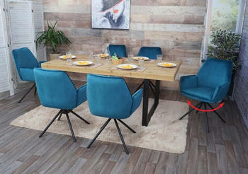Mendler 6er-Set Esszimmerstuhl HWC-G67, Küchenstuhl Stuhl Armlehne, drehbar Auto-Position, Samt türkis-blau, Beine schwarz