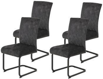 Hela 4er Set Esszimmerstuhl Rachel, Schwingstuhl, Microfaser Samt Anthrazit, Vierkantgestell Grau, Komfortsitz Federkorb, 140kg belastbar