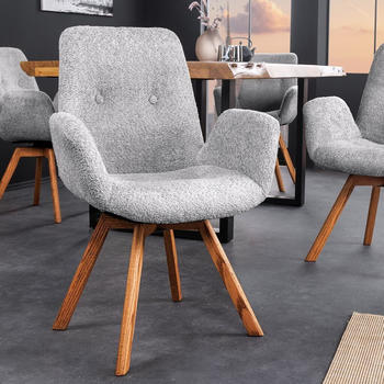 Riess-Ambiente Drehbarer Design Stuhl BALTIC grau Boucl&eacute; natur Eiche Massivholz-Beine mit Armlehne Esszimmerstuhl Essstuhl