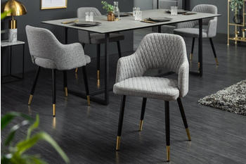 Riess-Ambiente Design Stuhl PARIS hellgrau Strukturstoff mit Armlehnen Ziersteppung goldene Fußkappen