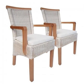 Amagohome Esszimmer-Stühle Set 2 Stück mit Armlehnen Rattanstühle weiß Perth mit Sitzkissen Amagohome Esszimmer-Stühle Set 2 Stück mit Armlehnen Rattanstühle weiß Perth mit Sitzkissen