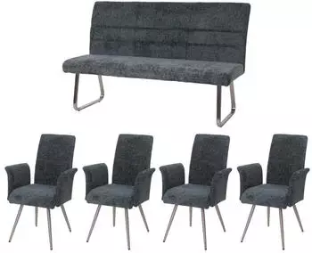 MCW G55 Esszimmer-Set 5-tlg. Stuhl mit Armlehne + Sitzbank 160cm, Chenille blau-gr&uuml;n (800001348006)