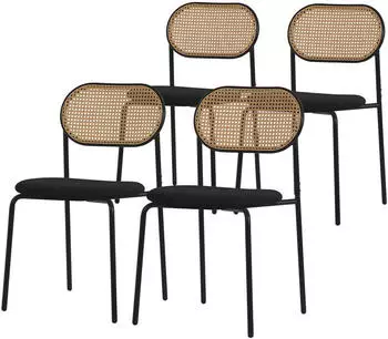 ML-Design Esszimmerst&uuml;hle 4er Set, Rattan-R&uuml;ckenlehne, gepolstert, Schwarz