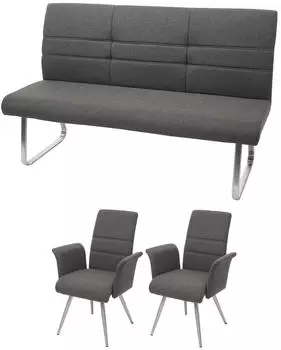 MCW G55 Esszimmer-Set Sitzbank + 2 St&uuml;hle mit Armlehne, Textil, Grau-Braun (MCW-G55)
