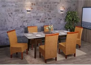 MCW Esszimmerstuhl Var-M42-6 6er-Set, Rattan geflochten, Holzbeine (800000415837)