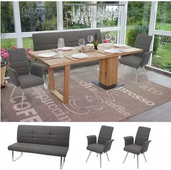 MCW G55 Esszimmer-Set 2 St&uuml;hle mit Armlehne + Bank 180cm, Textil, grau-braun (800000417152)