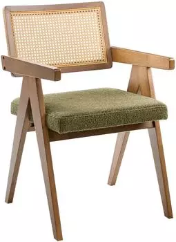 Beliani AVA Esszimmerst&uuml;hle 2er-Set, Holz, Boucl&eacute;-Sitzfl&auml;che, Wiener Geflecht, braun/gr&uuml;n