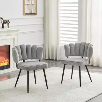 OKWISH Esszimmerst&uuml;hle mit Bl&uuml;ten-R&uuml;ckenlehne, Samtbezug, schwarze Metallbeine, 2er-Set