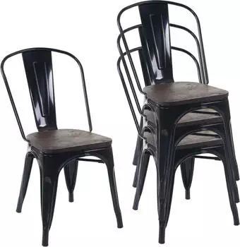 Mendler HWC-A73 Bistrostuhl 4er-Set, Holzsitz, Metall, stapelbar, schwarz (70775)