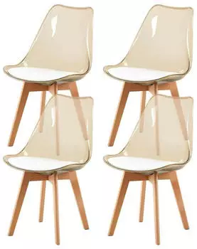LuxusKollektion Esszimmerst&uuml;hle 4er-Set, transparent braun, wei&szlig;es PU-Leder Sitzkissen, Buchenholzbeine