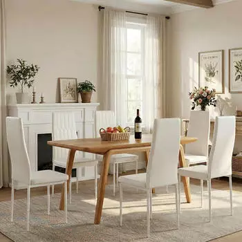 LuxusKollektion Esszimmerst&uuml;hle 6er-Set, Kunstleder, wei&szlig;, hohe R&uuml;ckenlehne, Metallgestell