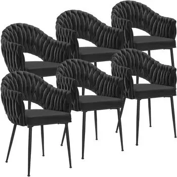 TecTake Caslano Esszimmerstuhl Samt, Flechtdesign, schwarz (6er-Set)