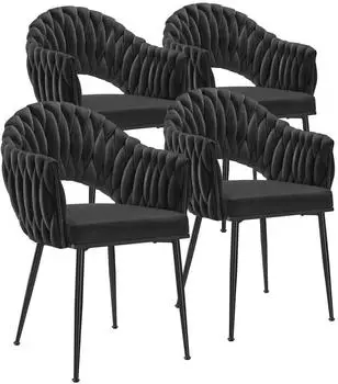 TecTake Caslano Esszimmerstuhl Samt Flechtlehne, schwarz, 4er-Set