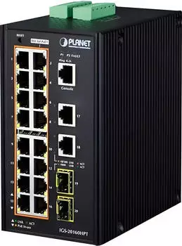 Planet Industrial L3 Managed Netzwerk-Switch mit 16 PoE+ Ports 10/100/1000T, 2 Gigabit Uplink, 2 SFP (IGS-20160HPT)