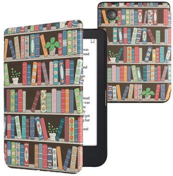 kwmobile Case Kobo Clara 2E / Tolino Shine 4 ücherregal mit Pflanzen Blau Grün Pink (60056.36)